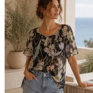 Dries Van Noten Silk Floral Blouse Womens Size‎ 40 Black Sheer Short Sleeve Top